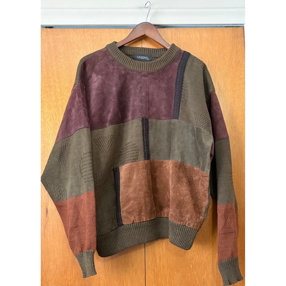 VTG SAXONY Collection Mens Patchwork Leather Suede Knit Sweater Pullover Large‎